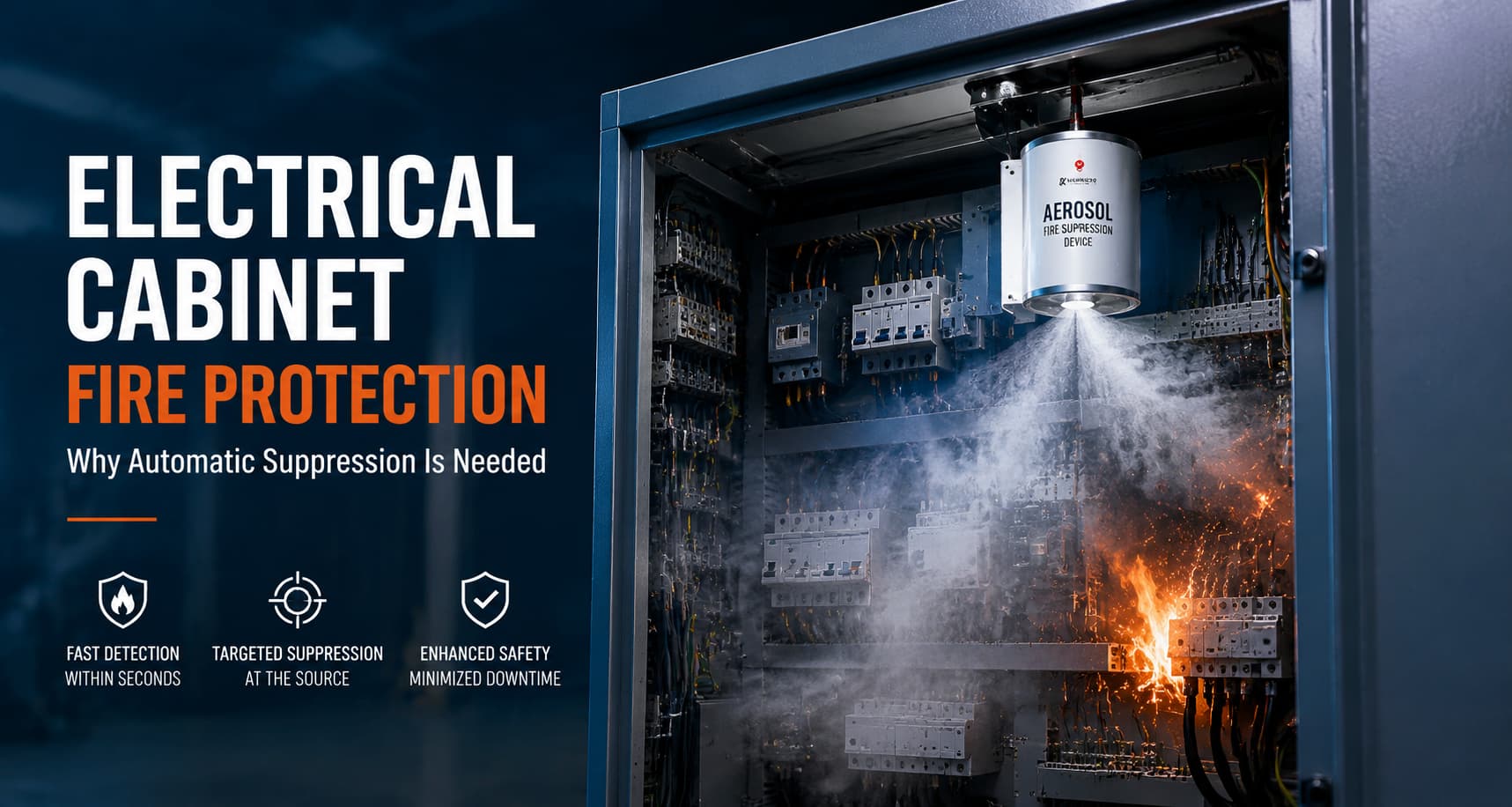 Electrical cabinet fire protection system with automatic fire suppression installed inside industrial control panel