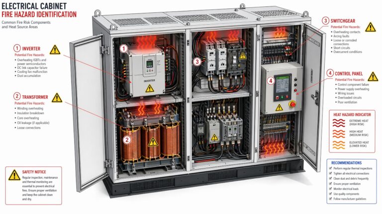 Electrical cabinet fire risk showing inverters, transformers, and switchgear components that generate heat