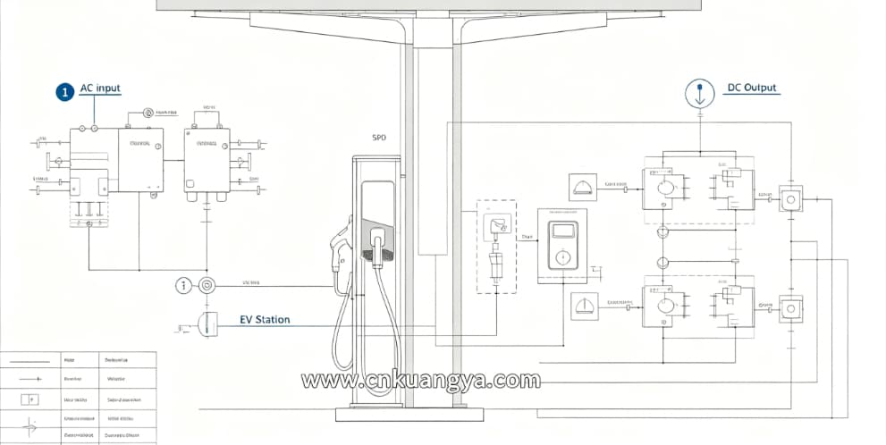 SPD protection layout in EV charging station showing AC and DC surge protection points