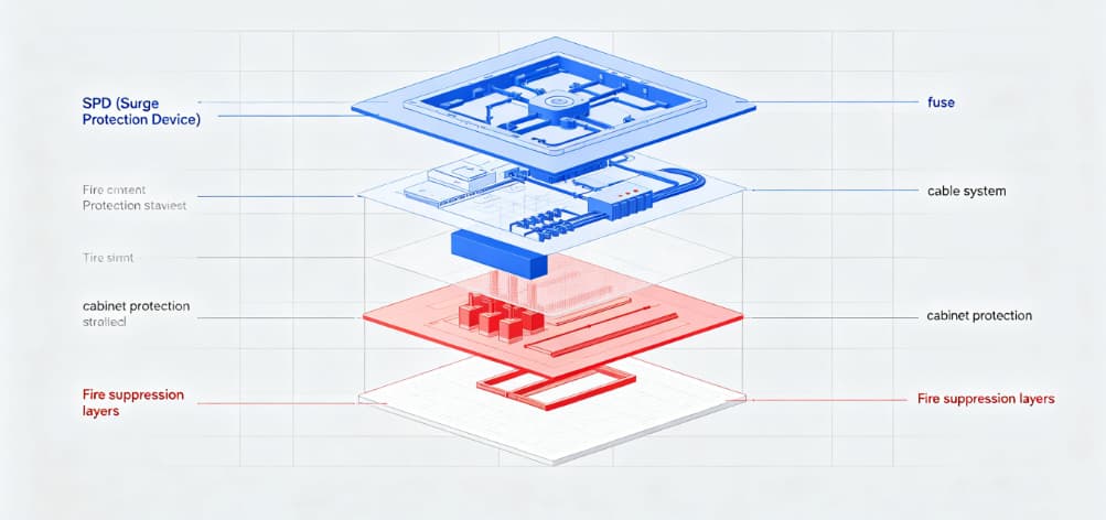 Layered EV charging station fire protection system architecture with SPD fuse cable and fire suppression