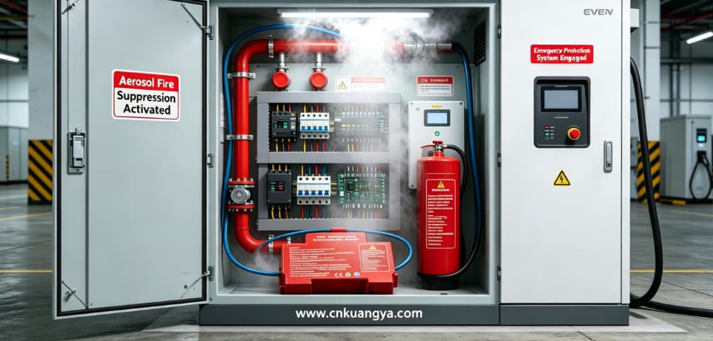 Aerosol fire suppression system inside EV charging cabinet activated during electrical fire