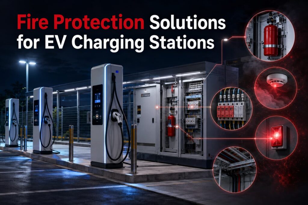 EV charging station fire protection system with SPD, fuse and electrical cabinet safety design