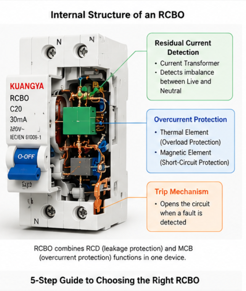 nternal anatomy of an RCBO showing residual-current detection and overcurrent protection mechanisms.
