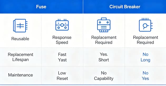 Comparison table of fuse and circuit breaker features including speed, reusability, and maintenance