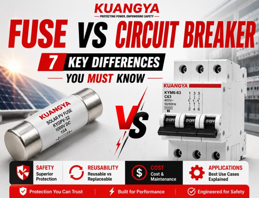 fuse vs circuit breaker guide with KUANGYA branding