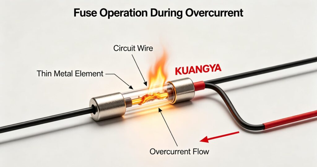Fuse working principle showing metal element melting during overcurrent