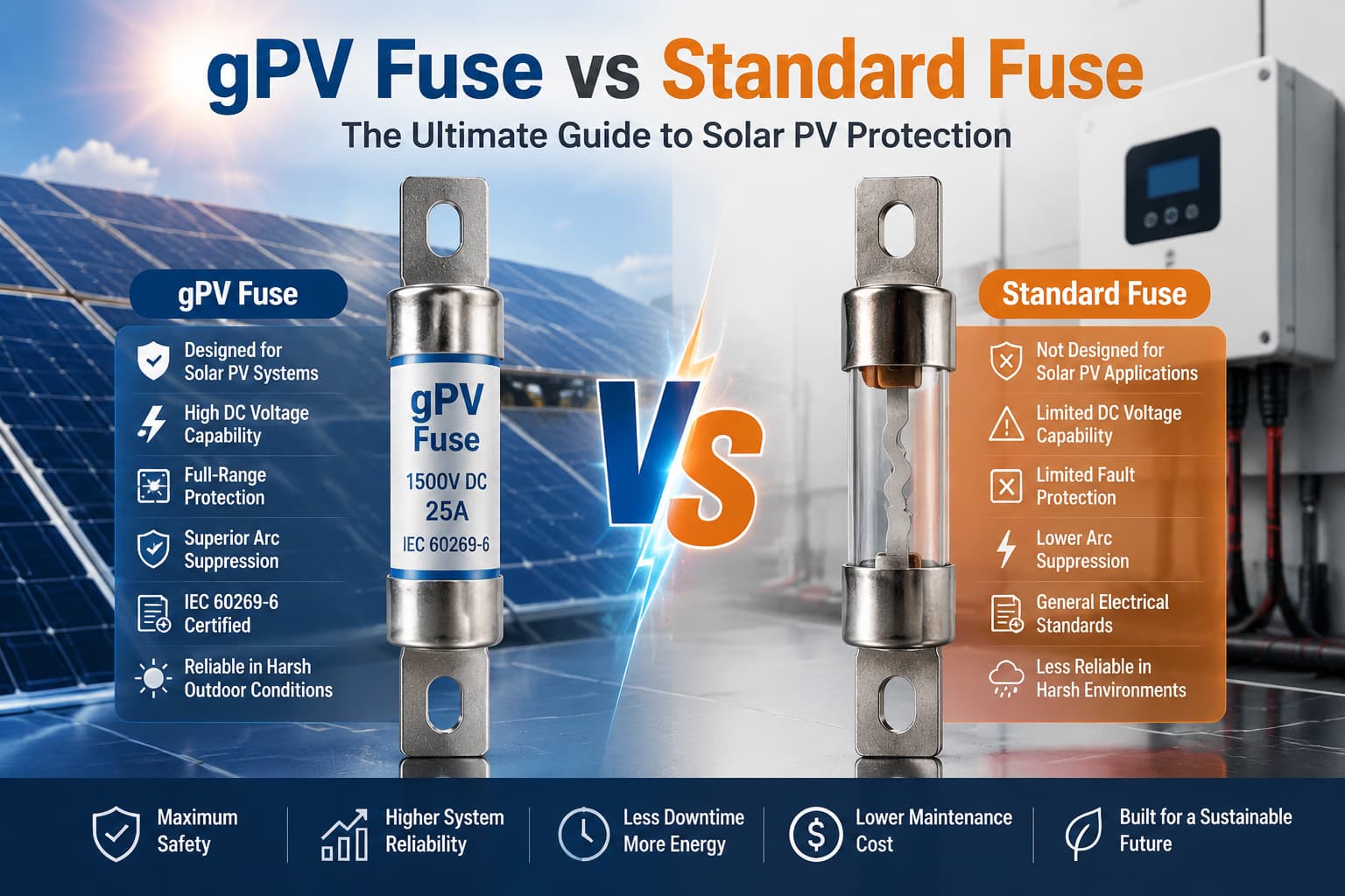 gPV Fuse vs Standard Fuse comparison in solar PV system technical illustration