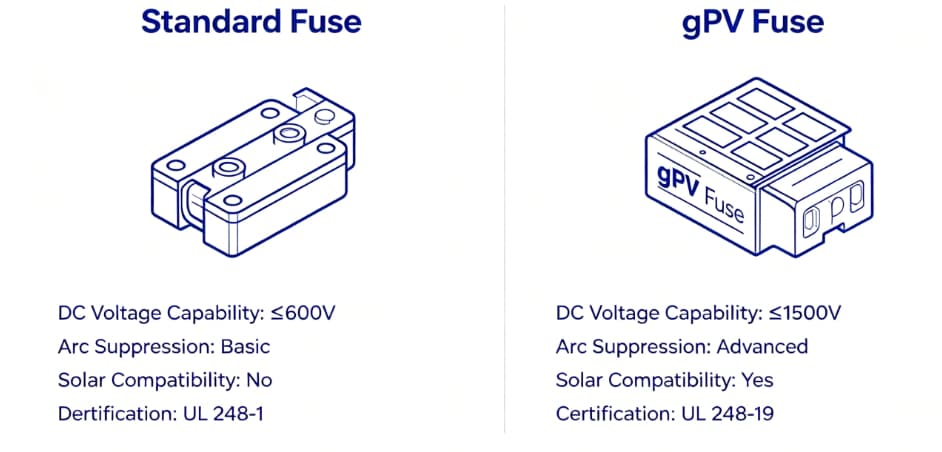 gPV fuse and standard fuse comparison for solar PV system