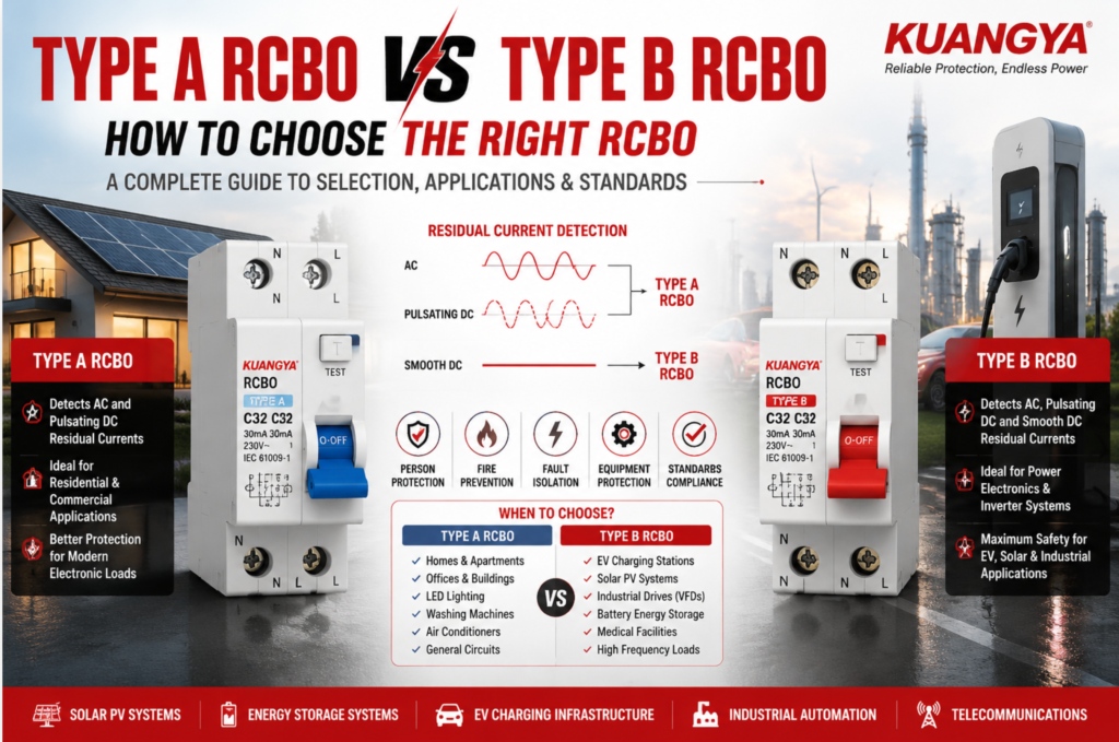 Infographic banner comparing Type A RCBO and Type B RCBO, showing residual current detection capabilities, typical applications, and key safety benefits for residential, commercial, EV charging, solar, and industrial systems.