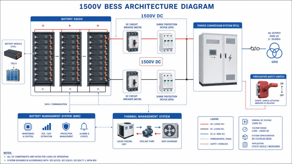 1500V BESS system architecture diagram showing battery racks, DC circuit breakers, surge protection, power conversion system, and thermal management components
