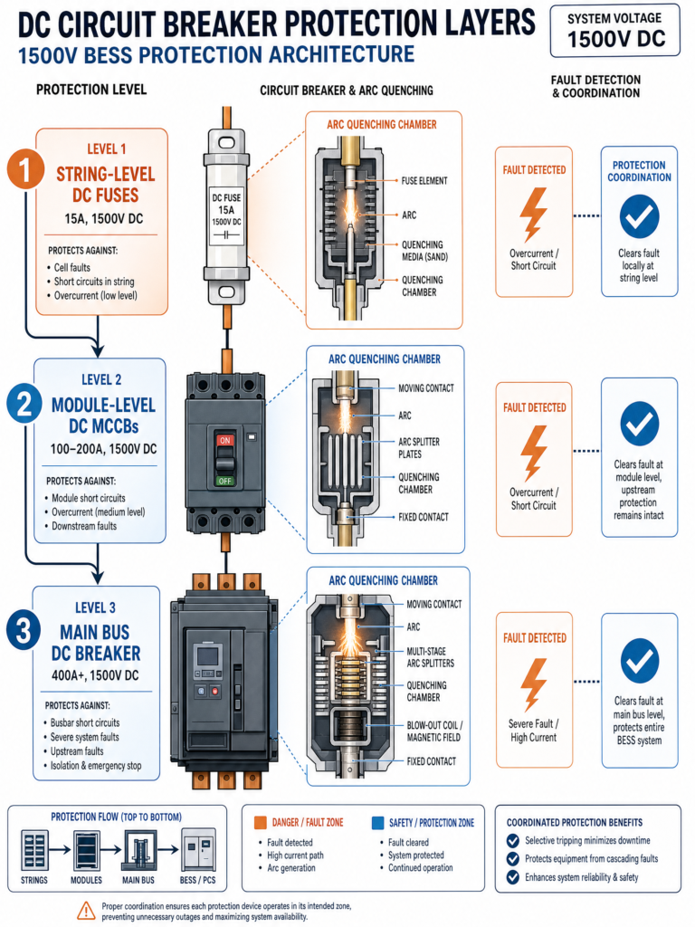 Multi-layered DC protection architecture diagram showing string-level fuses, module-level MCCBs, and main bus circuit breakers in coordinated protection scheme