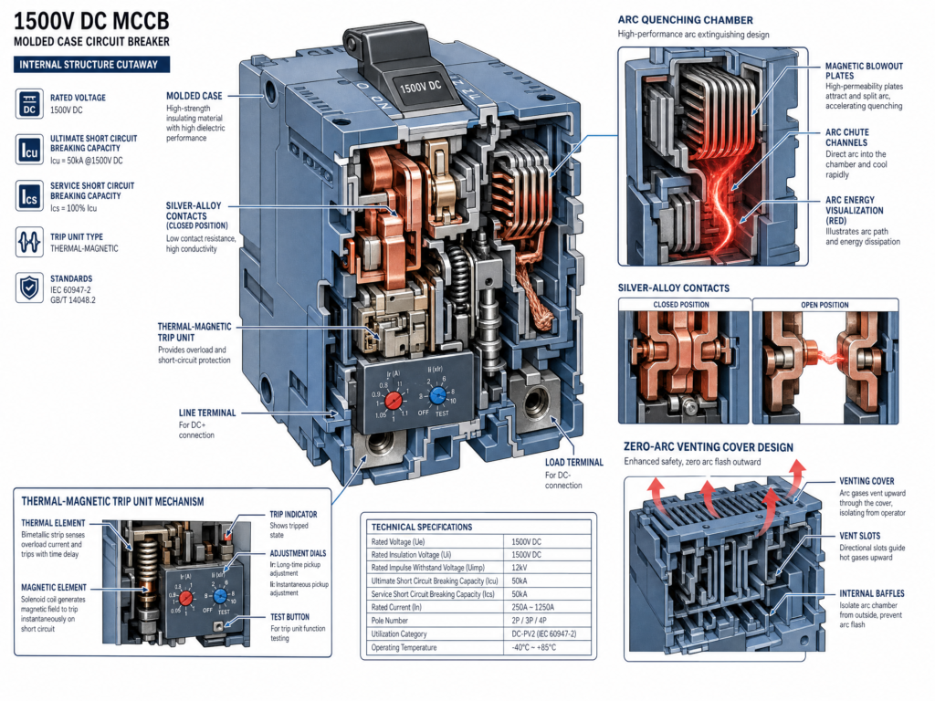 Cutaway technical diagram of 1500V DC molded case circuit breaker showing arc quenching chamber, magnetic blowout plates, and thermal-magnetic trip mechanism