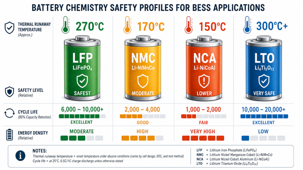 Comparative chart of battery chemistries for 1500V BESS showing thermal runaway temperatures, energy density, cycle life, and safety profiles for LFP, NMC, NCA, and LTO