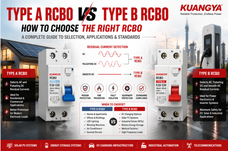 شعار إنفوجرافيك يقارن بين النوع A RCBO والنوع B RCBO، ويوضح قدرات الكشف عن التيار المتبقي والتطبيقات النموذجية وفوائد السلامة الرئيسية للأنظمة السكنية والتجارية وشحن المركبات الكهربائية والطاقة الشمسية والصناعية.
