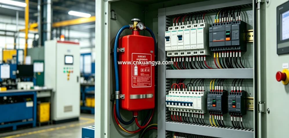 Thermal aerosol fire extinguisher installed in industrial electrical control panel