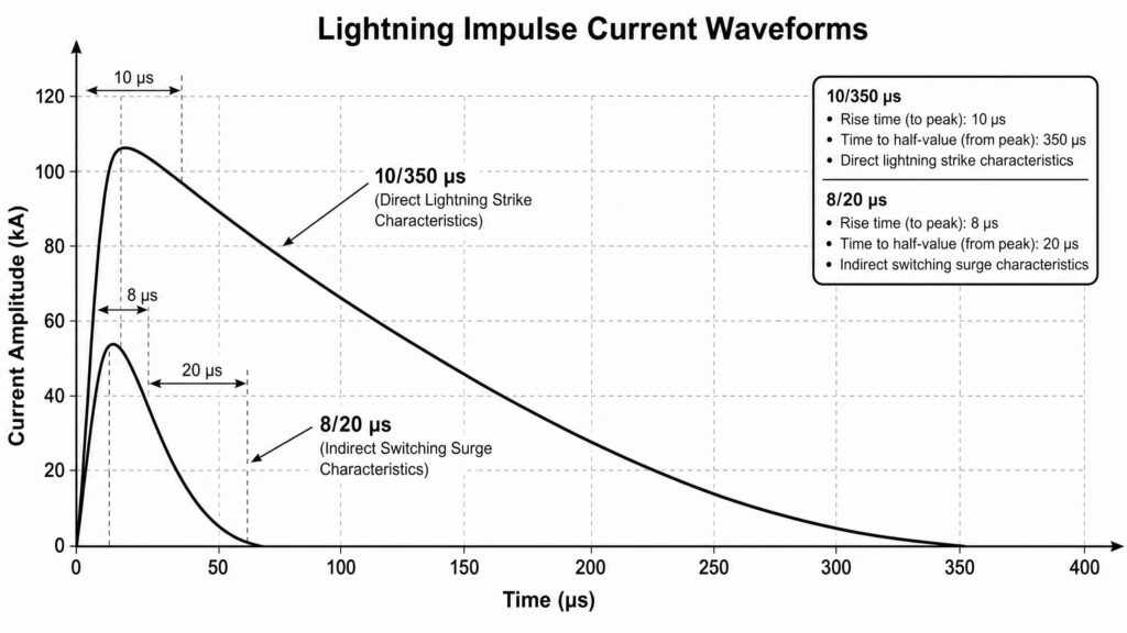 Technical graph comparing 10/350 μs and 8/20 μs lightning impulse waveforms for PV surge protection.