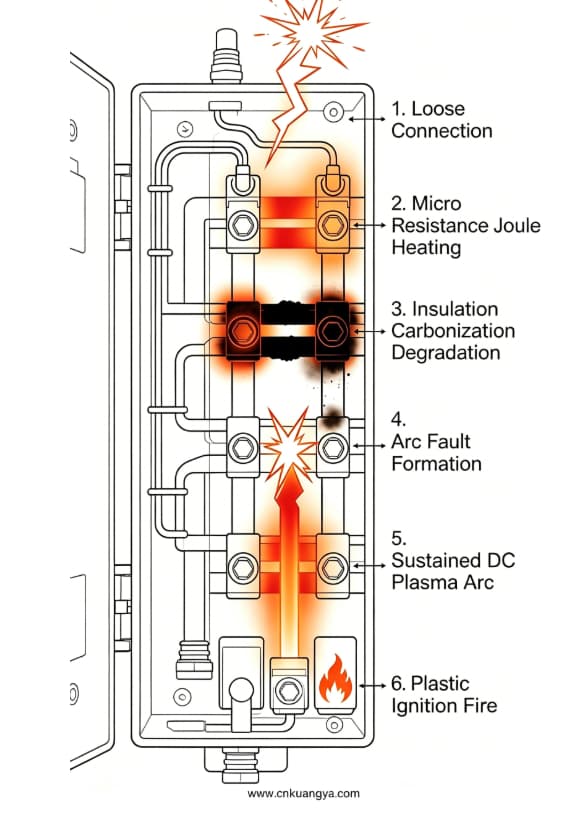 Stages of electrical fire development inside solar PV distribution box from loose connection to ignition