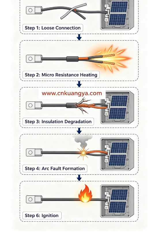Stages of electrical fire development in solar PV system distribution box from loose connection to ignition
