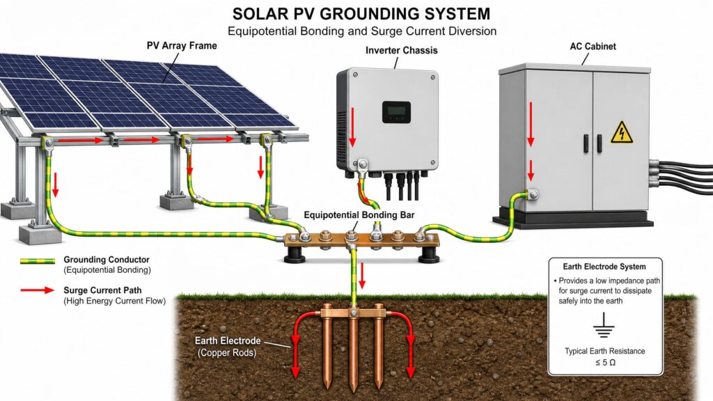 Illustration of a solar PV grounding system and equipotential bonding for effective surge current diversion.