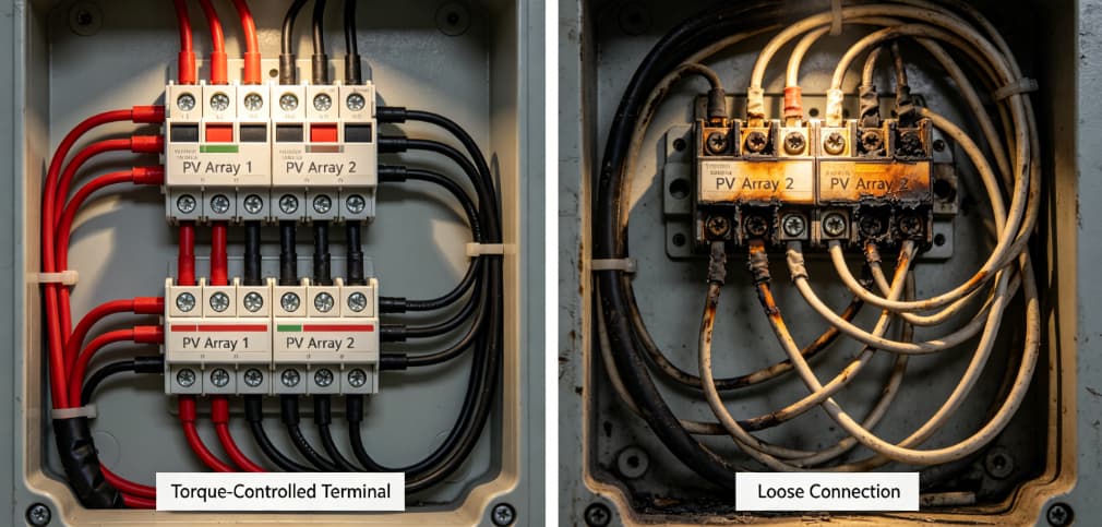 Comparison of correct and incorrect PV distribution box installation affecting fire risk