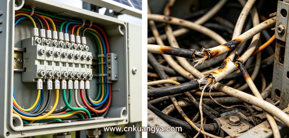 Comparison of correct and incorrect installation practices inside solar PV distribution box affecting fire risk