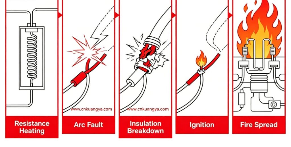 Step by step fire development process inside solar combiner box system