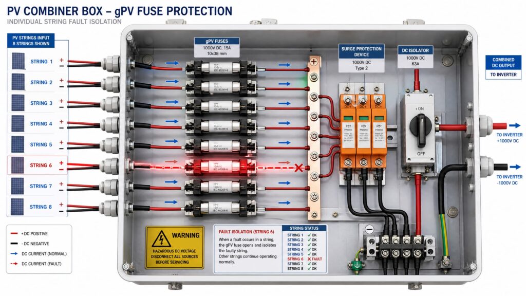 Solar combiner box equipped with gPV fuses for overcurrent protection