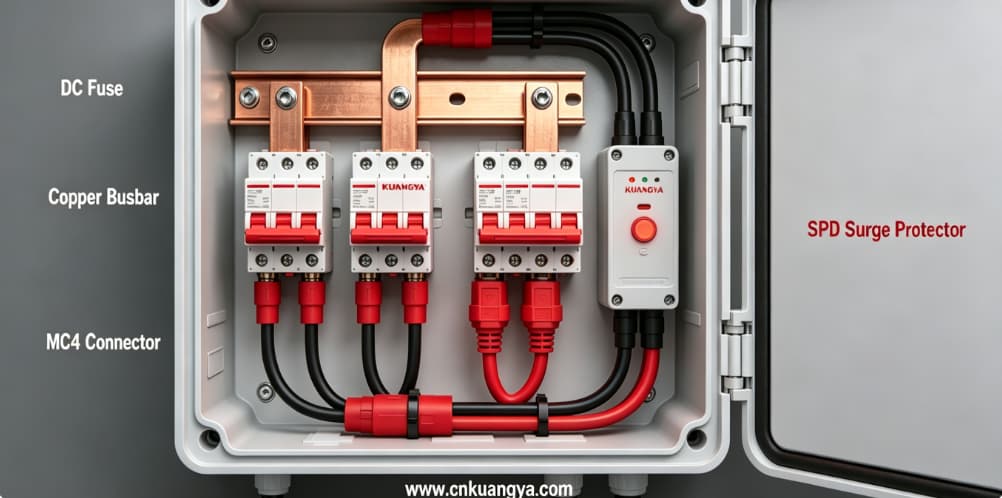 Internal structure of solar combiner box with DC fuse and SPD layout