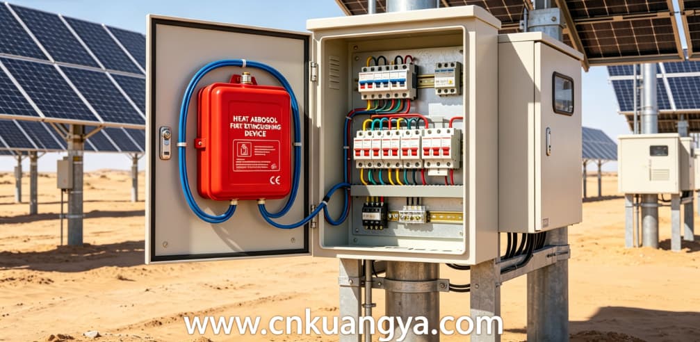 Aerosol fire extinguisher installed inside solar PV combiner box for fire protection