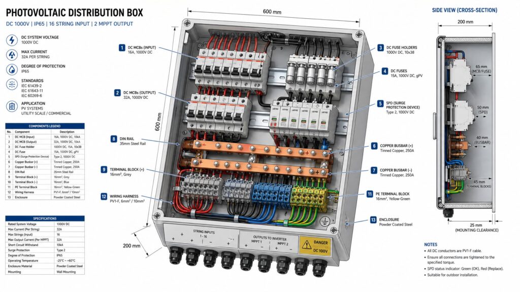 Internal structure of solar PV distribution box with electrical components