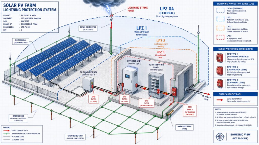 Schematic diagram of a solar PV farm showing lightning protection zones (LPZ) and SPD installation architecture.