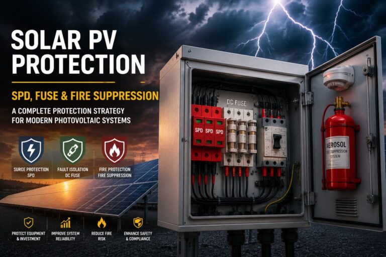 Solar PV Protection system showing SPD, fuse and fire suppression in photovoltaic power plant