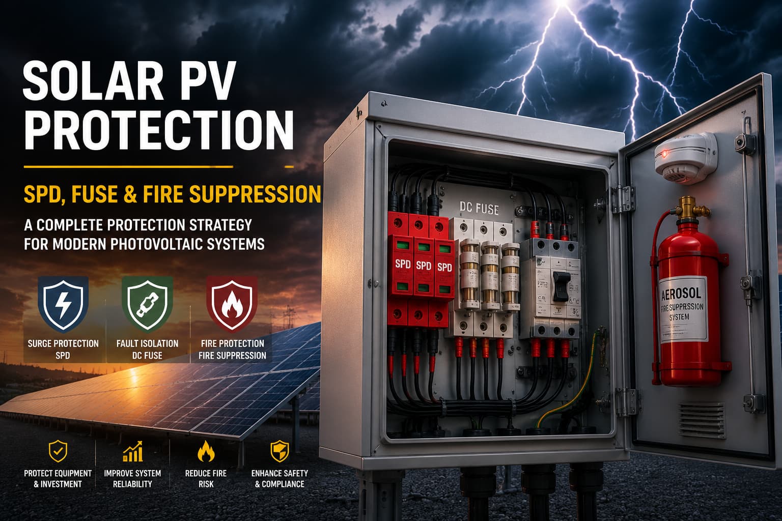Solar PV Protection system showing SPD, fuse and fire suppression in photovoltaic power plant