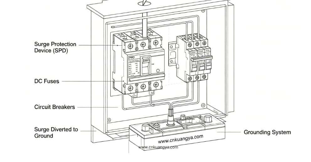 Solar PV distribution box surge protection system with SPD and grounding for electrical fire prevention