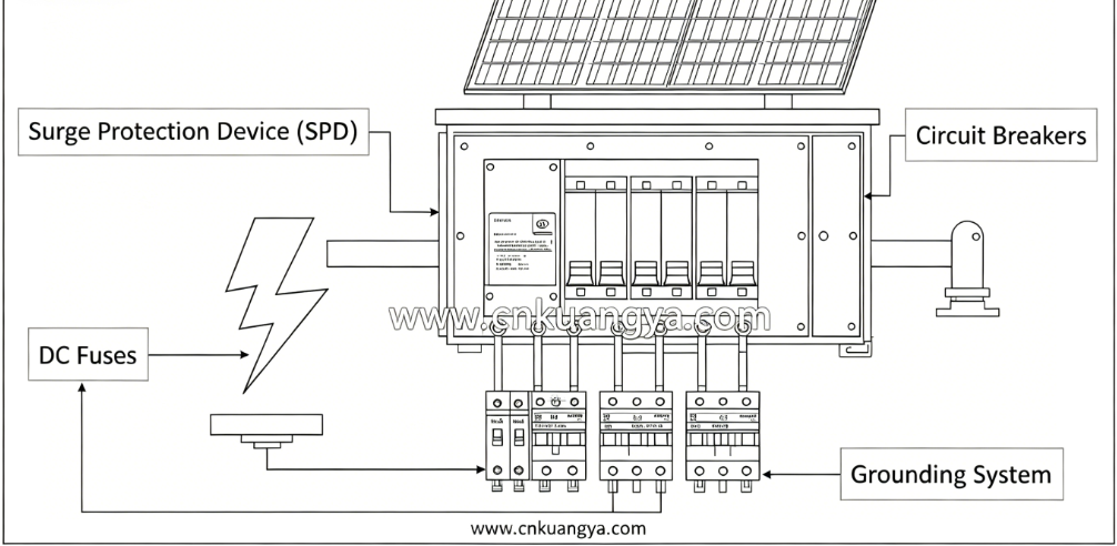 Solar PV distribution box with SPD and grounding system for electrical fire protection