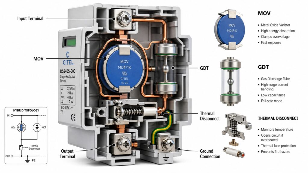 Detailed technical internal view of a hybrid MOV and GDT surge protective device with thermal disconnect mechanism.