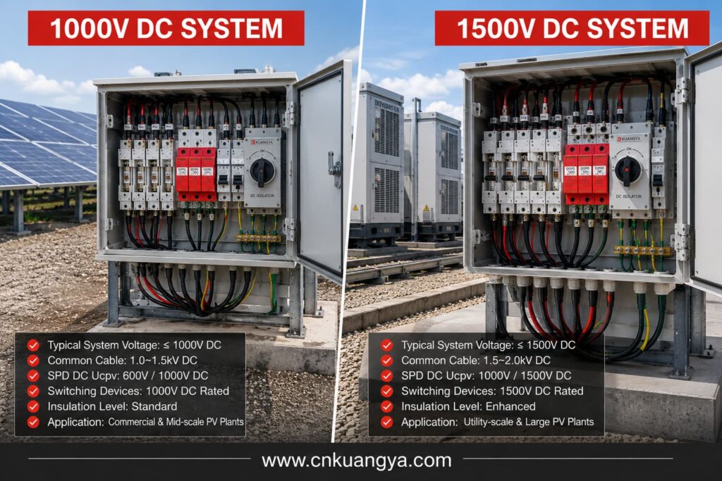 Comparison of 1000V and 1500V solar PV electrical protection systems