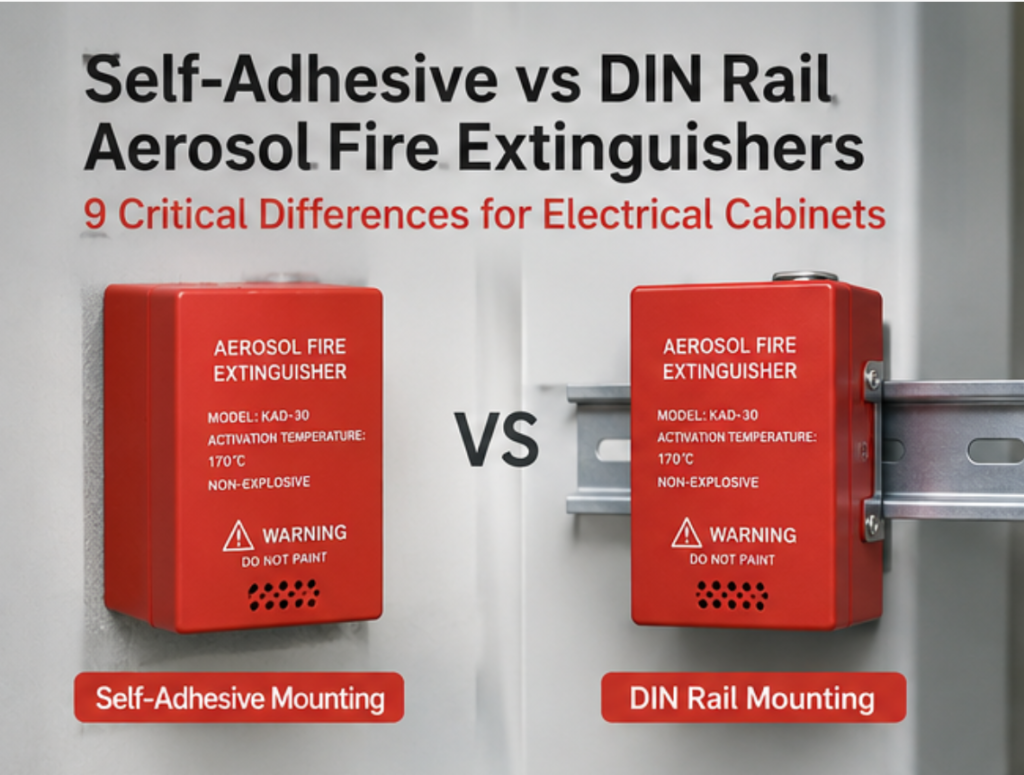 DIN Rail Aerosol Fire Extinguisher compared with self-adhesive mounting for electrical cabinets