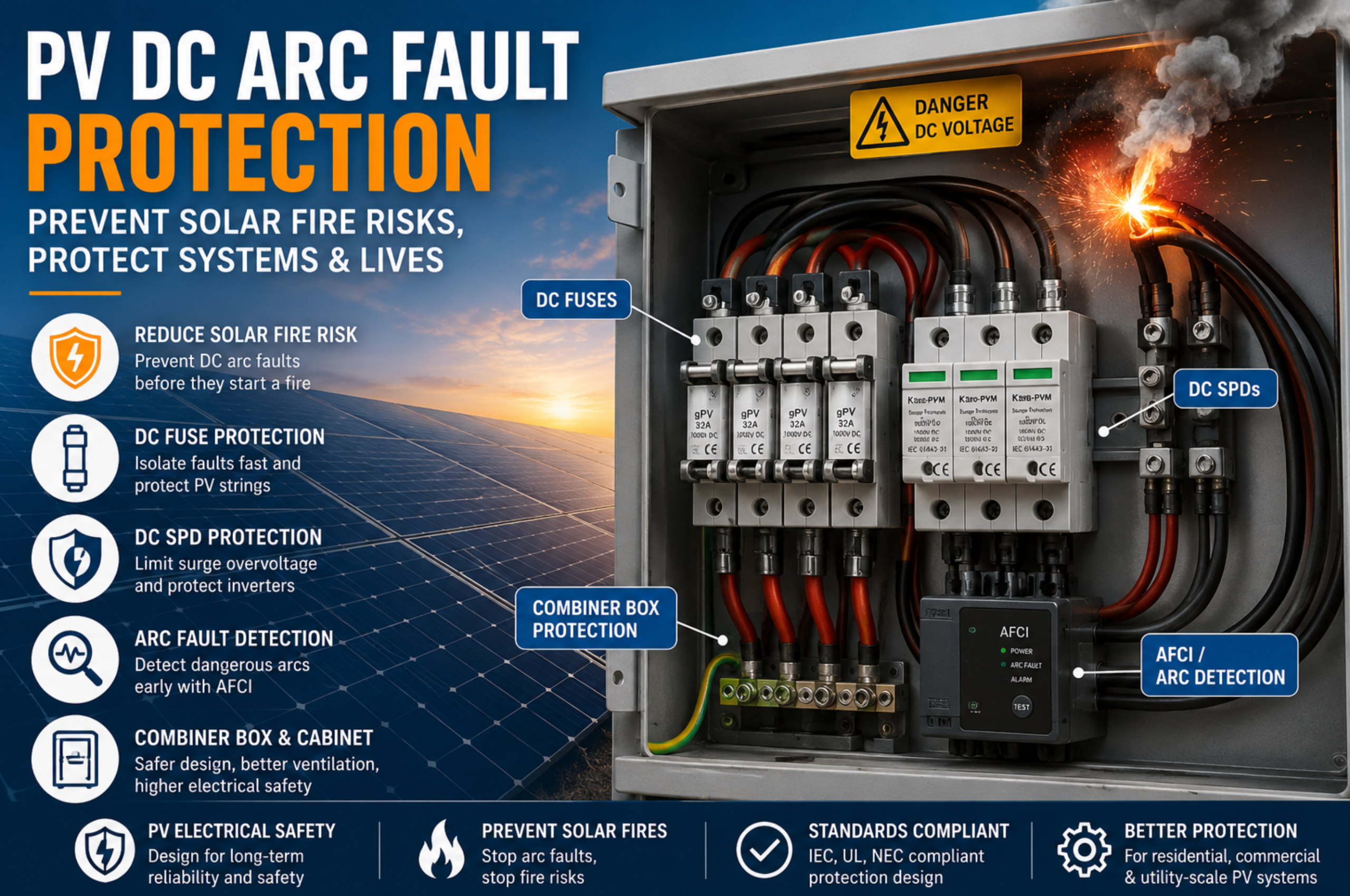 PV DC arc fault protection infographic showing solar combiner box, DC fuses, DC SPDs, AFCI detection, and solar fire risk prevention