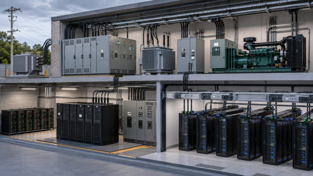 Data center electrical power chain from utility supply and transformers to UPS systems, batteries and server racks