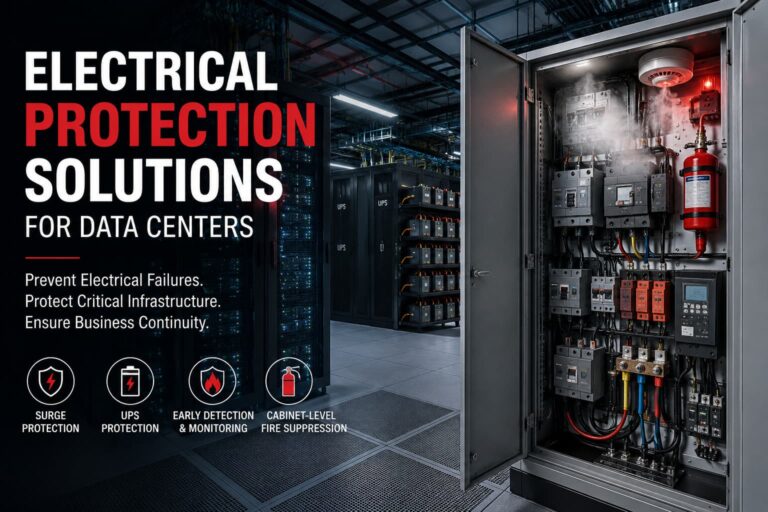 Data Center Fire Protection with server racks, UPS cabinets, surge protection and electrical cabinet fire suppression