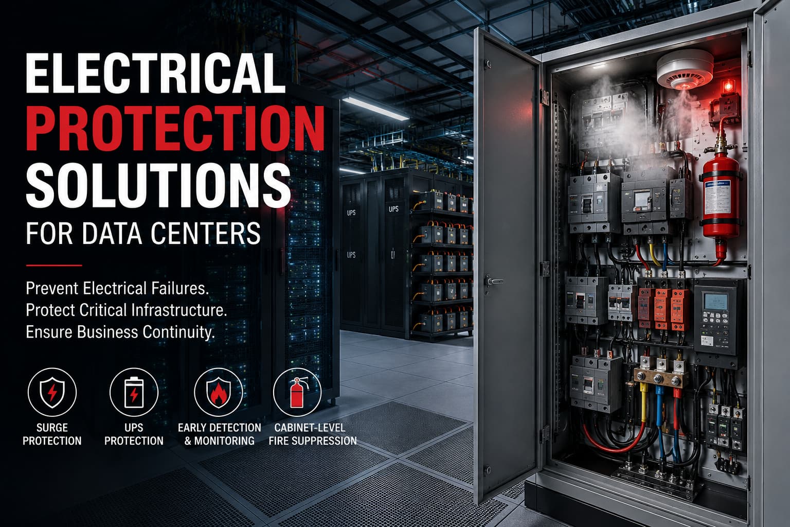 Data Center Fire Protection with server racks, UPS cabinets, surge protection and electrical cabinet fire suppression