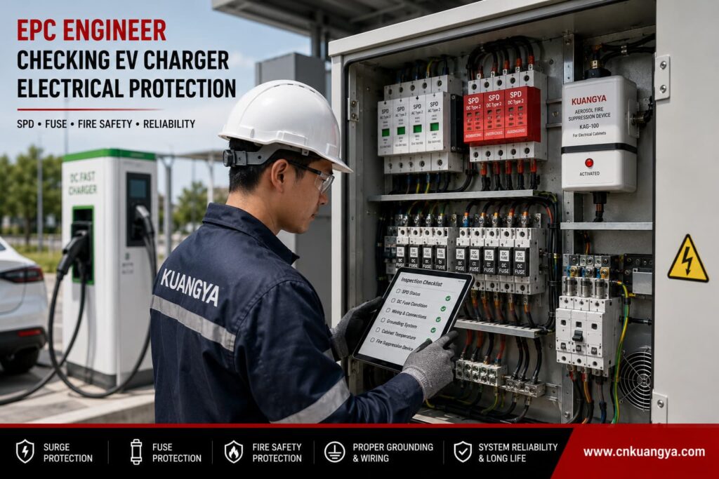 EPC engineer checking EV charger electrical protection cabinet