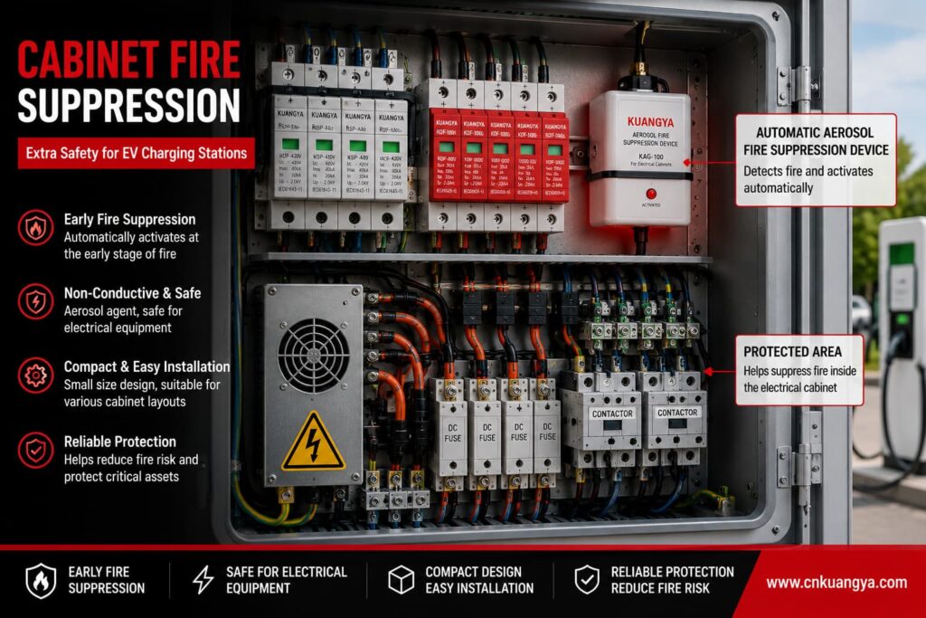 Cabinet automatic fire suppression device inside EV charger electrical cabinet