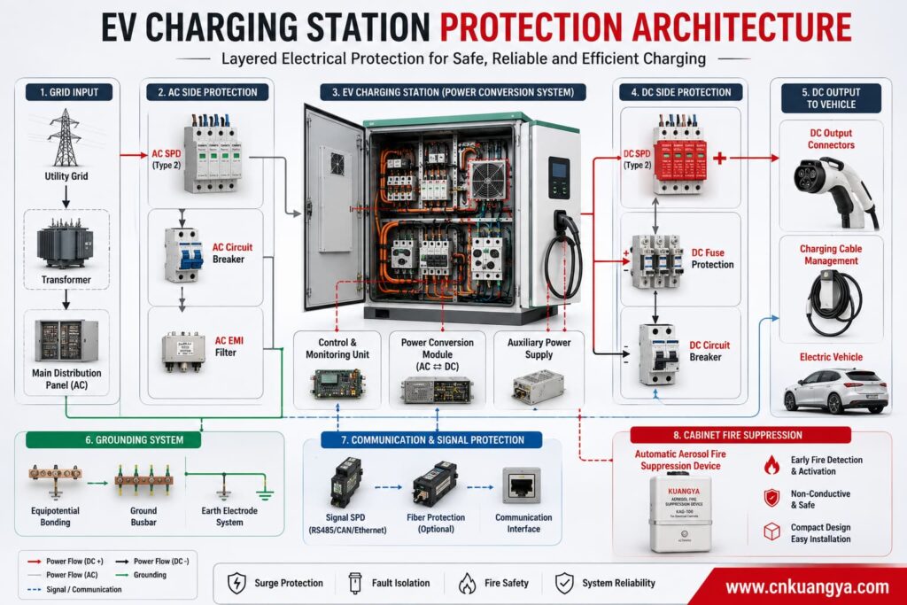 EV charging AC and DC protection system diagram with SPD fuse and fire suppression