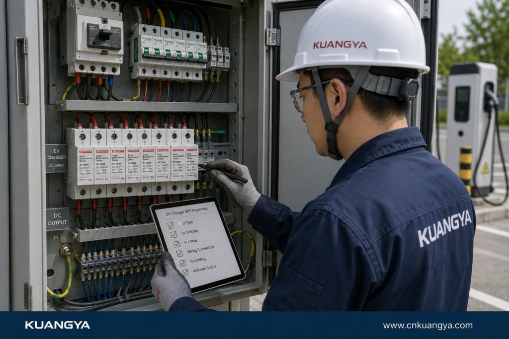 Engineer checking EV charger SPD and grounding inside electrical cabinet