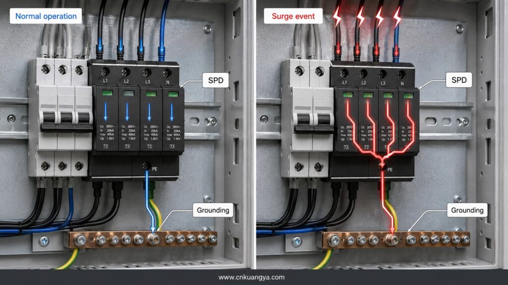 How a surge protective device diverts transient overvoltage to ground