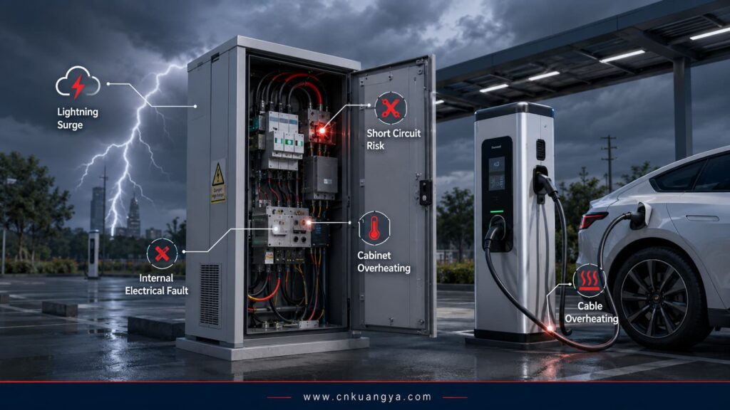 Electrical risks in EV charging stations including surge short circuit and overheating