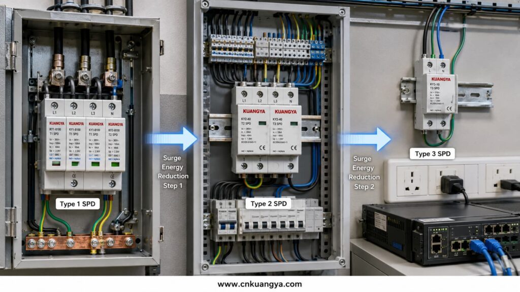 Type 1 Type 2 and Type 3 SPD coordination in electrical distribution system
