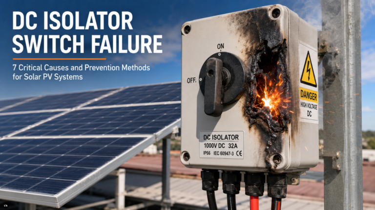 DC isolator switch failure caused by overheating and electrical arcing in a solar PV system
